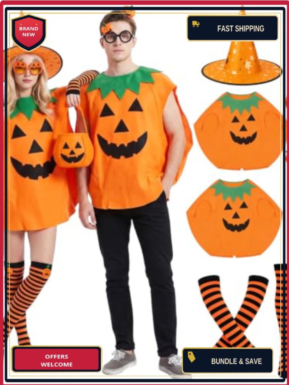 9 Pc Pumpkin Costume Set Adult Ponchos Glasses Hat Halloween Cosplay